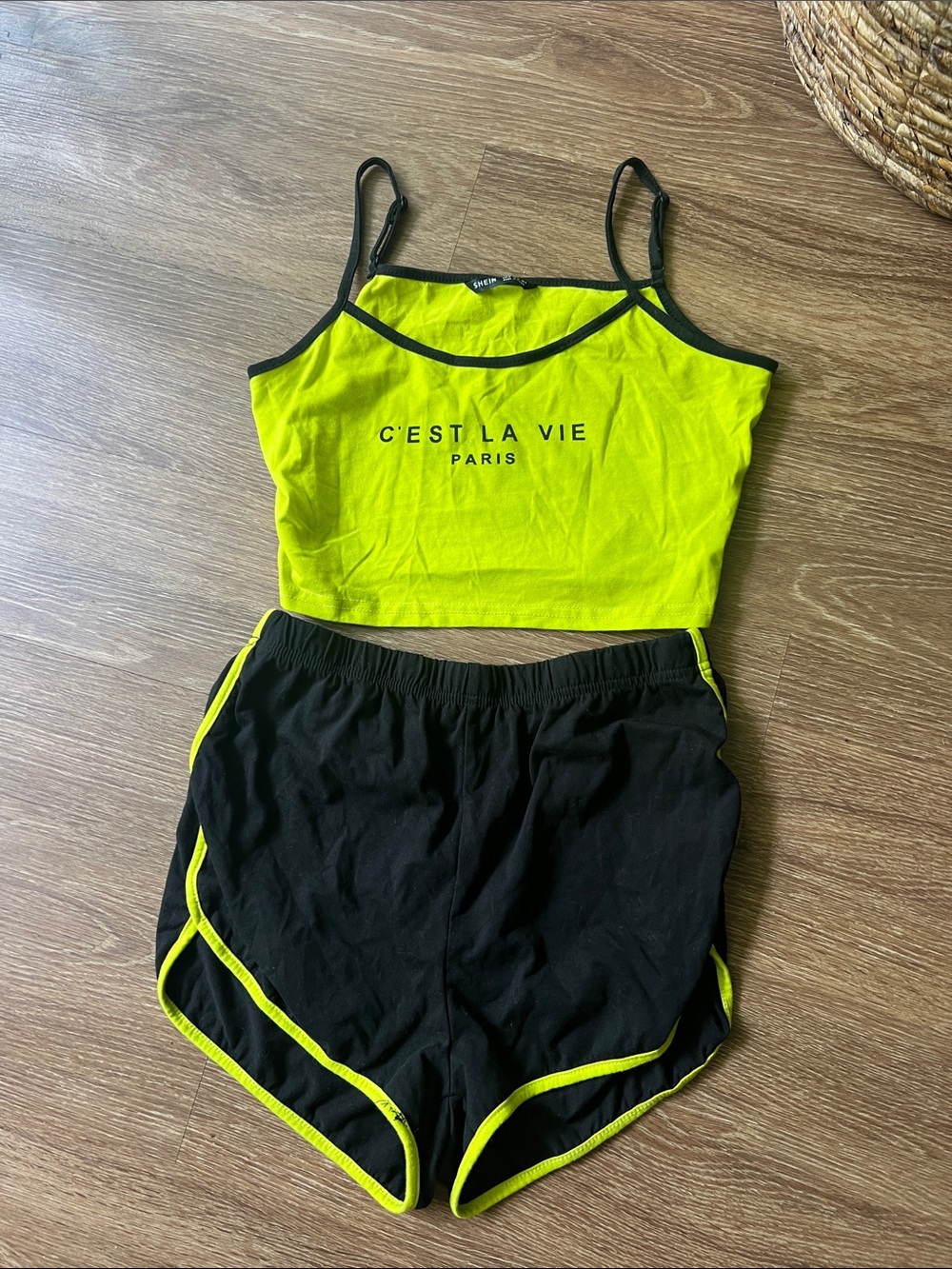 C'EST LA VIE Paris Neon Yellow Cropped Tank & Black Shorts Set